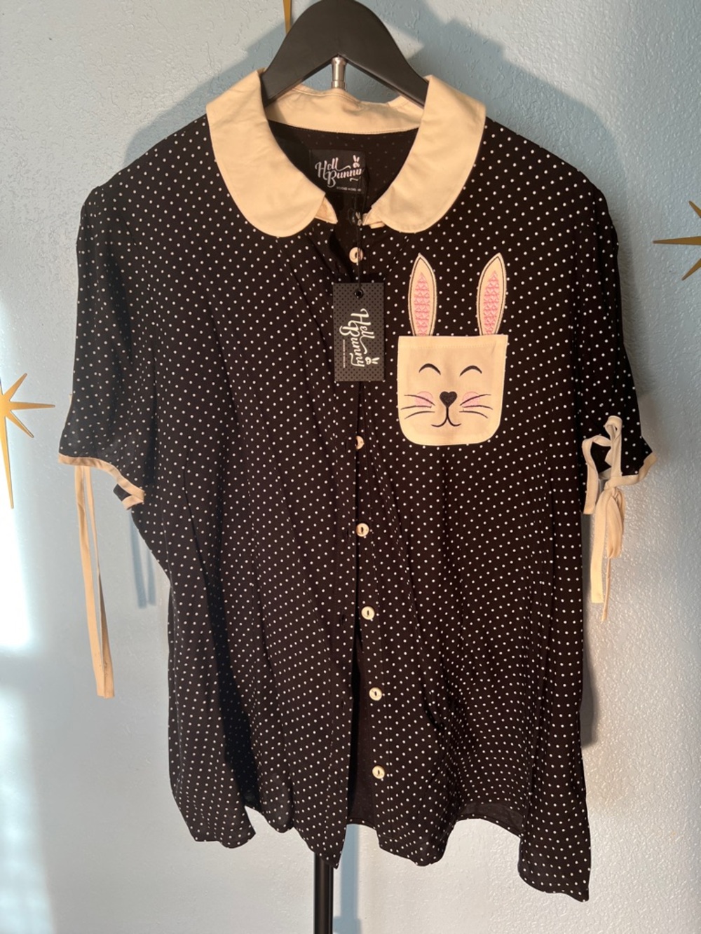 Hell Bunny Black Polka Dot Blouse with Cream Bunny Pocket